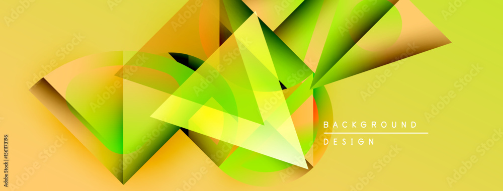 Poster Abstract geometric shapes overlap, creating dynamic yellow, green composition. Modern design elements suggest depth, movement.