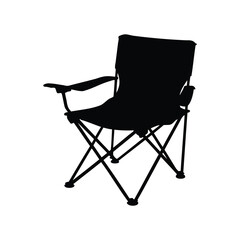 Black silhouette of a folding camping chair with armrests and white background