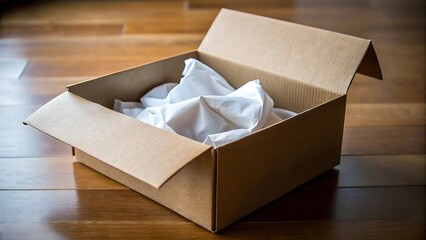 Open cardboard box filled with white crumpled tissue paper on a wooden floor