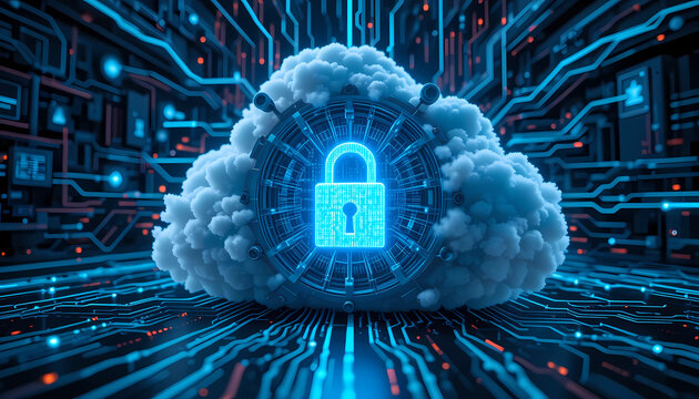A glowing padlock on a cloud formation surrounded by circuit board patterns and blue light trails
