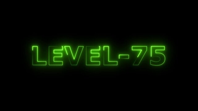 a glowing neon Level seventy-five 75 text animation video on black background 