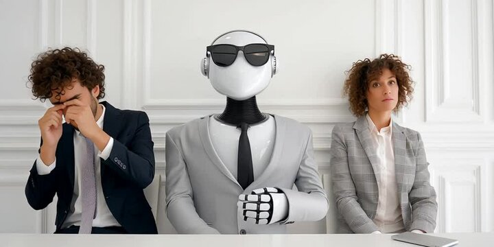 An AI robot sitting between two job candidates in a corporate waiting room or lobby waiting for job interview with human resources