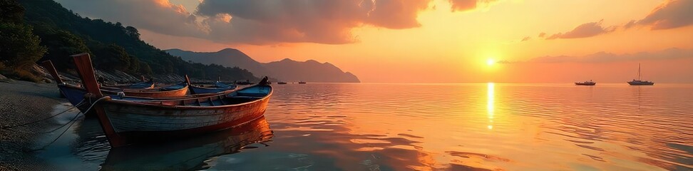 Fototapeta premium A picturesque view of boats moored along a tranquil shoreline at sunset, peaceful waters reflecting the golden light The scene offers serenity and a sense of calm , coast, seascape