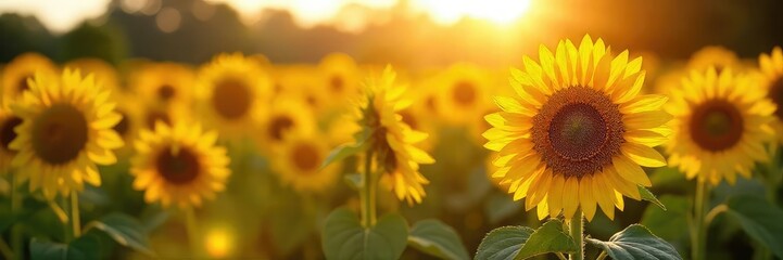 Golden hour sunlight bathes a lush field of ripening sunflowers, buzzing with bees; a quintessential summer harvest scene , summer landscape, pollinators, summer