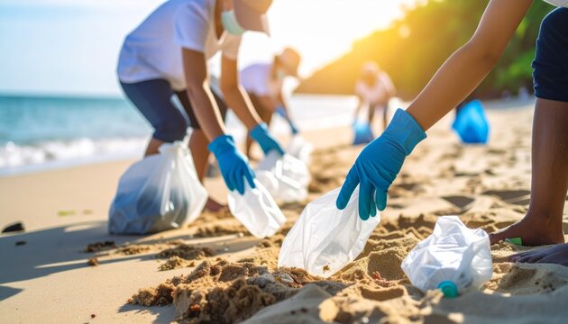 Volunteers Cleaning Plastic Waste on Beach