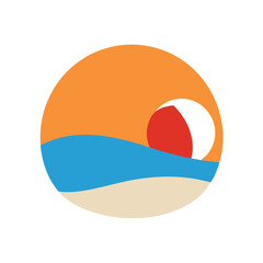 Colorful beach ball on sandy shore during bright tropical sunset scene  