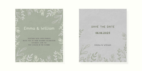 Luxury botanical wedding invitation card template set Minimal style card with leaf branches Elegant garden vector design suitable for banner, cover, invitation Mint green background Save the date
