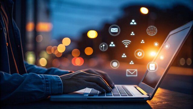 Person Typing on Laptop with Glowing Social Media Icons Displayed Concept of Connectivity and Digital Communication in Modern Life