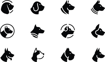 Fototapeta premium Silhouette vector pack of dog faces with rounded frame icons representing various friendly dog breeds