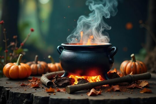 A cauldron bubbling over an open fire, surrounded by mystical herbs and spooky Halloween decorations Perfect for autumn, witchcraft, and Halloween themes , darkness, dark, raven