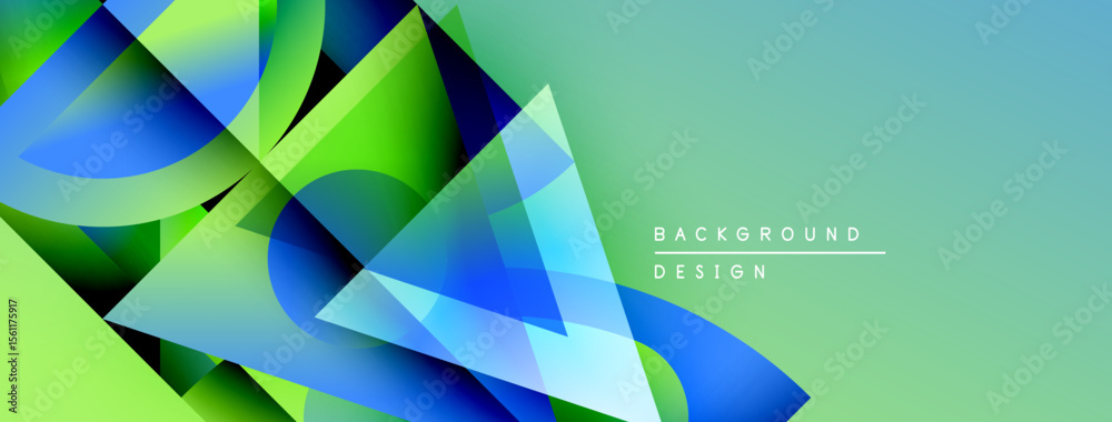 Poster abstract geometric shapes overlap, creating vibrant blue, green gradients. modern design element for