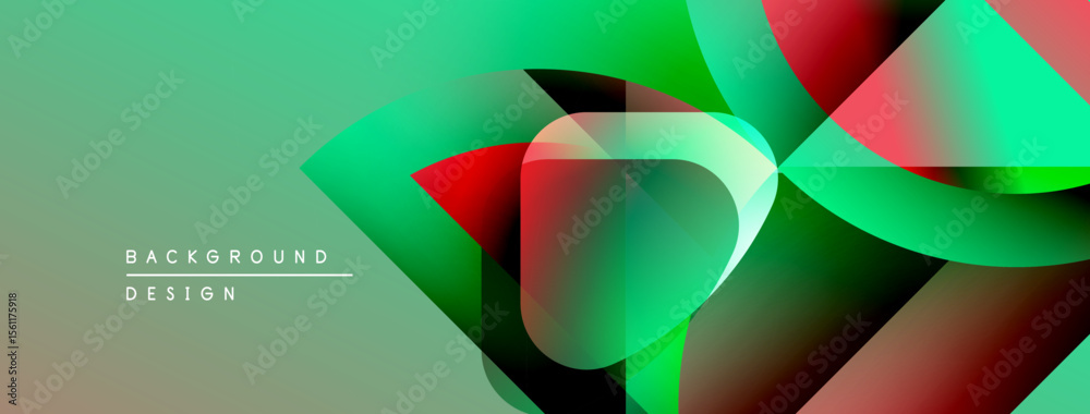 Poster Abstract geometric shapes overlap, creating vibrant color gradients. Green dominates with red accents. Modern design element.