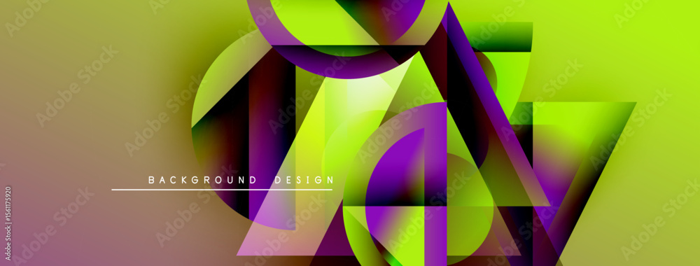 Poster abstract geometric shapes overlap, creating vibrant gradients. yellows, purples, blacks blend into m