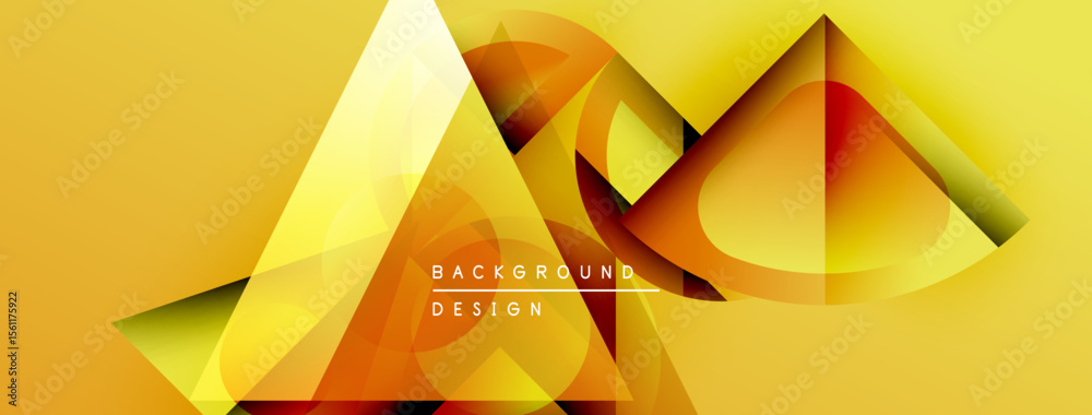Poster Abstract geometric shapes, vibrant yelloworange hues. Modern design elements create dynamic visual texture. Background features gradients, triangles.