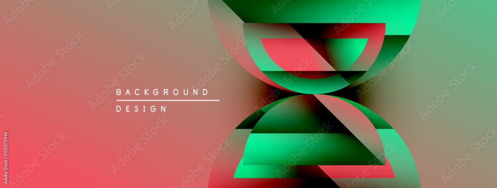 Poster abstract design features overlapping shapes, vibrant colors. gradient background blends red, green, 