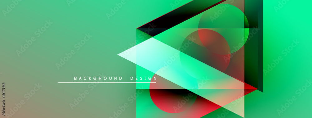 Poster Abstract geometric shapes overlap, creating vibrant green, red, black gradients. Modern design elements suggest dynamic composition.