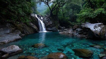 Tranquil waterfall cascading into a serene turquoise pool nestled within lush green forest