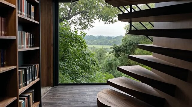 Interior view of a library with wooden bookshelves and a staircase framing a window overlooking a green landscape with trees and fields