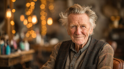 Elderly gentleman in a barber chair, warm light on his face. A moment of quiet reflection in daily life.