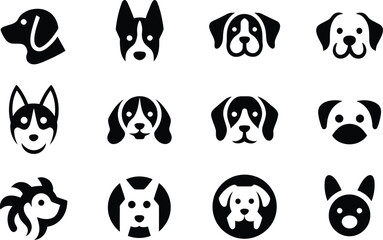 Silhouette vector character set of happy dog face icons featuring pet head illustrations in multiple styles