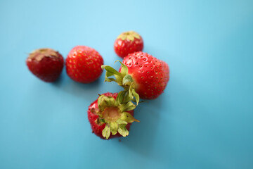 Five bright red strawberries with green stems are scattered haphazardly across a rich blue...