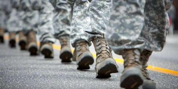 A squadron of soldiers marching in parade - troops movement for military and army 