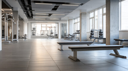 Fototapeta premium Modern fitness equipment in a sleek arrangement, symbolizing strength and precision in wellness.