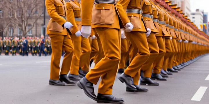 A squadron of soldiers marching in parade - troops movement for military and army 
