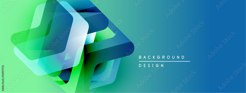 Poster abstract geometric shapes overlap, creating vibrant gradient effect. blue, green hues dominate desig