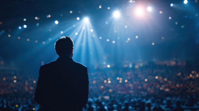 A presenter commands the stage, exuding confidence and expertise in a corporate setting.