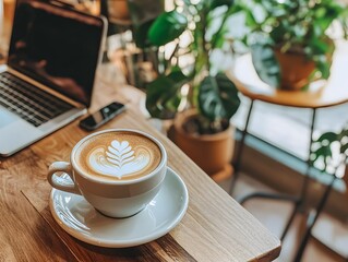 Skilled Barista Creating Latte Art in a Contemporary Café with Abundant Greenery
cup of coffee on the table