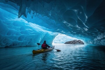 A sea kayaker exploring an ice cave in the Arctic