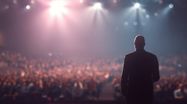 A presenter commands the stage, exuding confidence and expertise in a corporate setting.