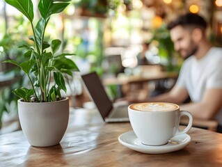 Professional Barista Preparing Latte Art in a Stylish Café Filled with Indoor Plants
cup of coffee on the table