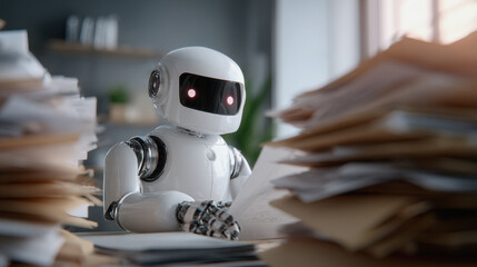 A white robot with digital eyes reviews paperwork amid tall stacks of documents in a modern office setting.