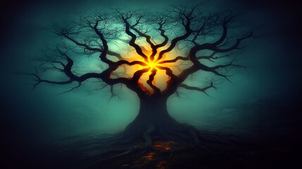 Mystical tree with radiant center, a captivating blend of fantasy and nature