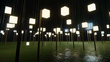 Mystical Lantern Garden: An Ethereal Illumination of Square Lights in a Nightscape Landscape