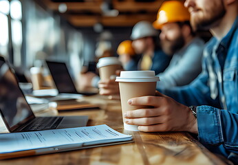 A group of construction workers holding coffee