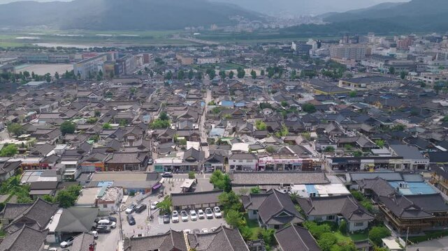 Filming by moving a drone along Hwangridan-gil, a busy street where traditional houses in Gyeongju are gathered