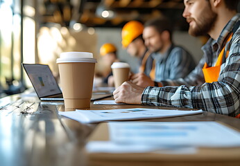 A group of construction workers holding coffee