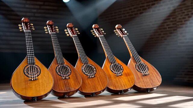 A row of ornate stringed musical instruments made of wood set against a brick wall background with focused lighting creating dramatic shadows