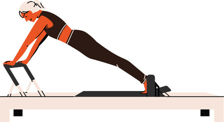 Pilates illustration of a woman stretching using a reformer machine, ideal for wellness and fitness content.