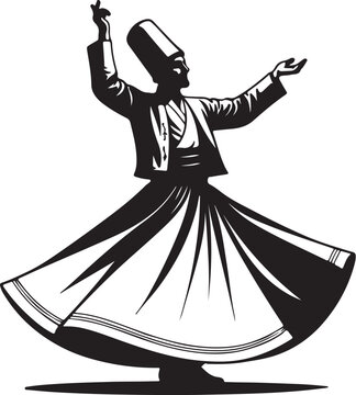 Silhouette illustration of a whirling dervish in traditional attire performing a sufi dance ceremony