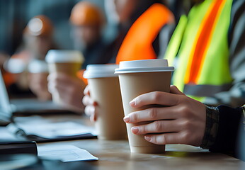 A group of construction workers holding coffee