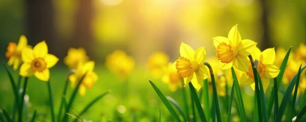 Fototapeta premium Vibrant yellow daffodils blooming in a lush green spring meadow, bathed in warm sunlight Perfect for spring themes, Easter, and nature imagery , narcissus, vibrant, beauty