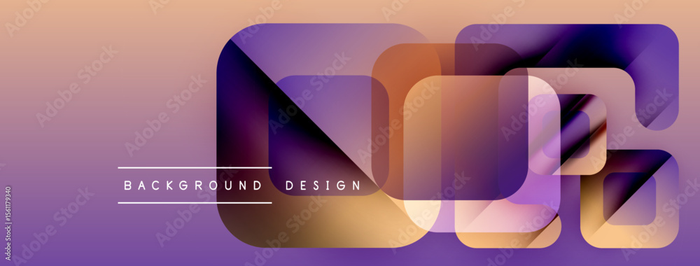 Poster abstract geometric shapes overlap, creating vibrant purple, orange gradient. text reads background d