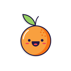 Adorable kawaii-style orange fruit vector with a happy face and green leaf. Perfect for kids’ games, fruit icons, healthy food materials, or stickers.