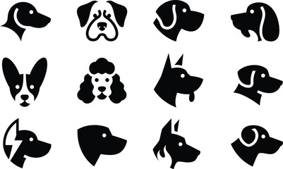 Silhouette vector faces of dog breeds in black character icon format showing playfulness and emotion