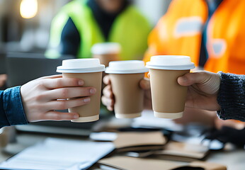 A group of construction workers holding coffee