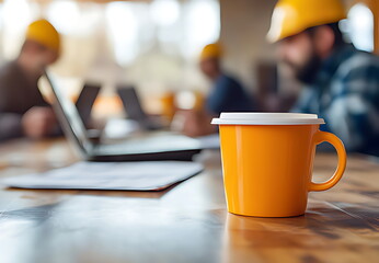 A group of construction workers holding coffee